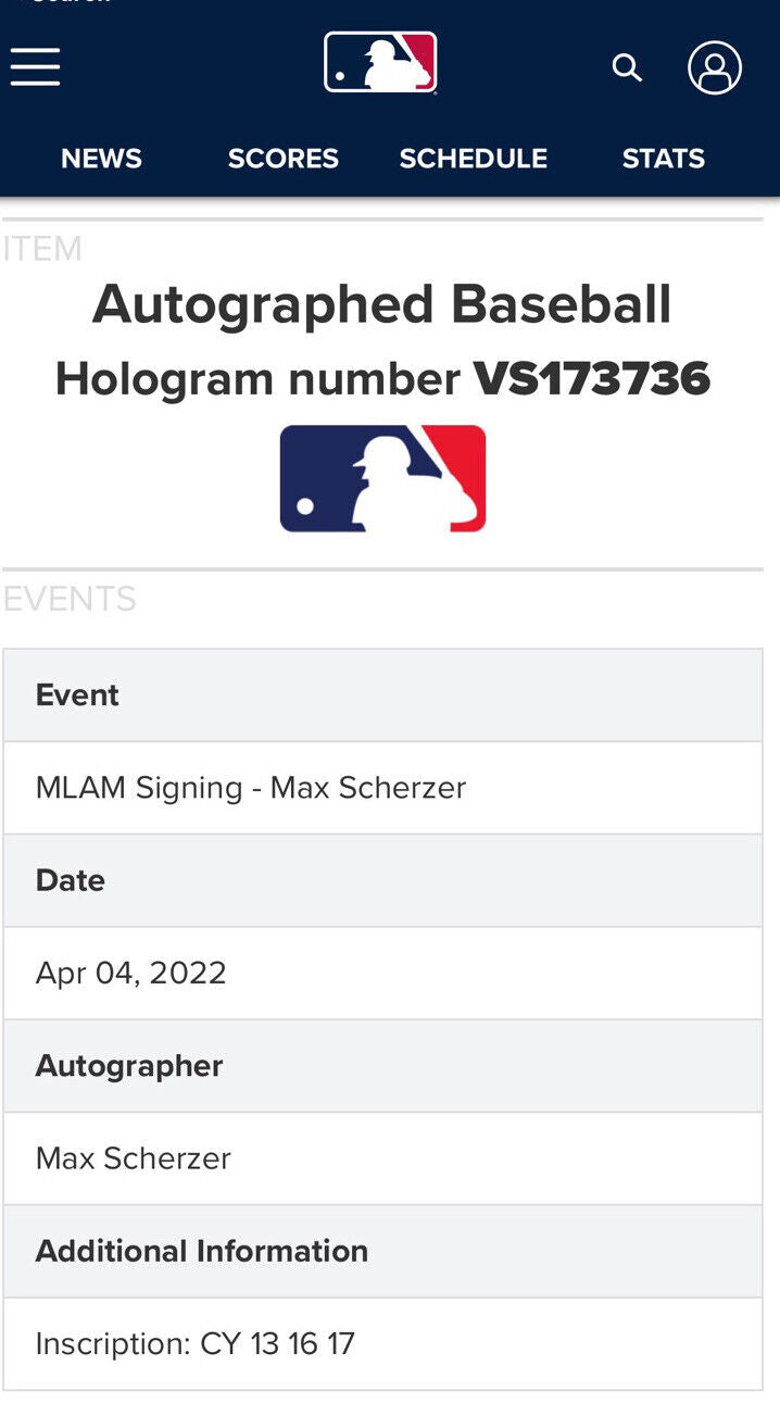 Max Scherzer Signed Autographed Jersey New York Mets MLB COA