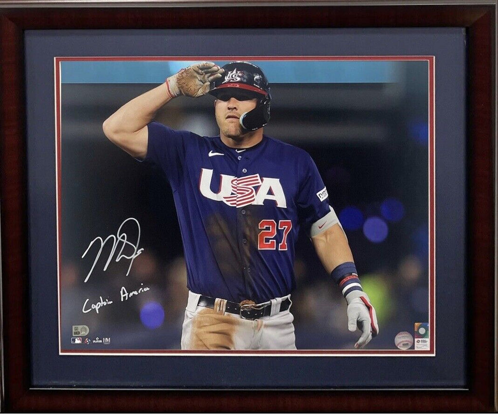 Mike Trout Autographed Captain America 16x20 - Team USA Holding Flag