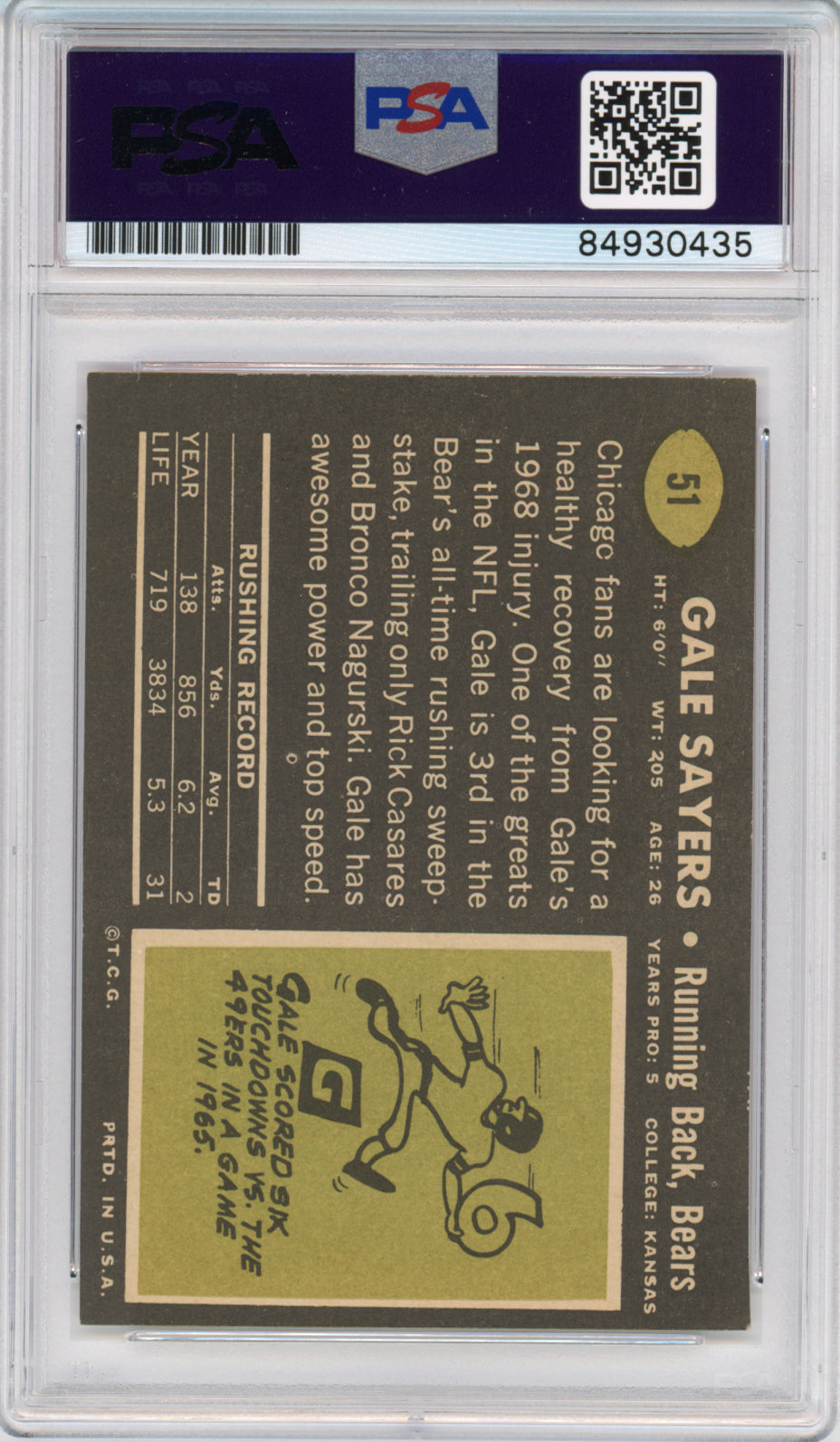 1969 Topps #51 Gale Sayers PSA 5 Graded Football Card NFL Chicago Bears