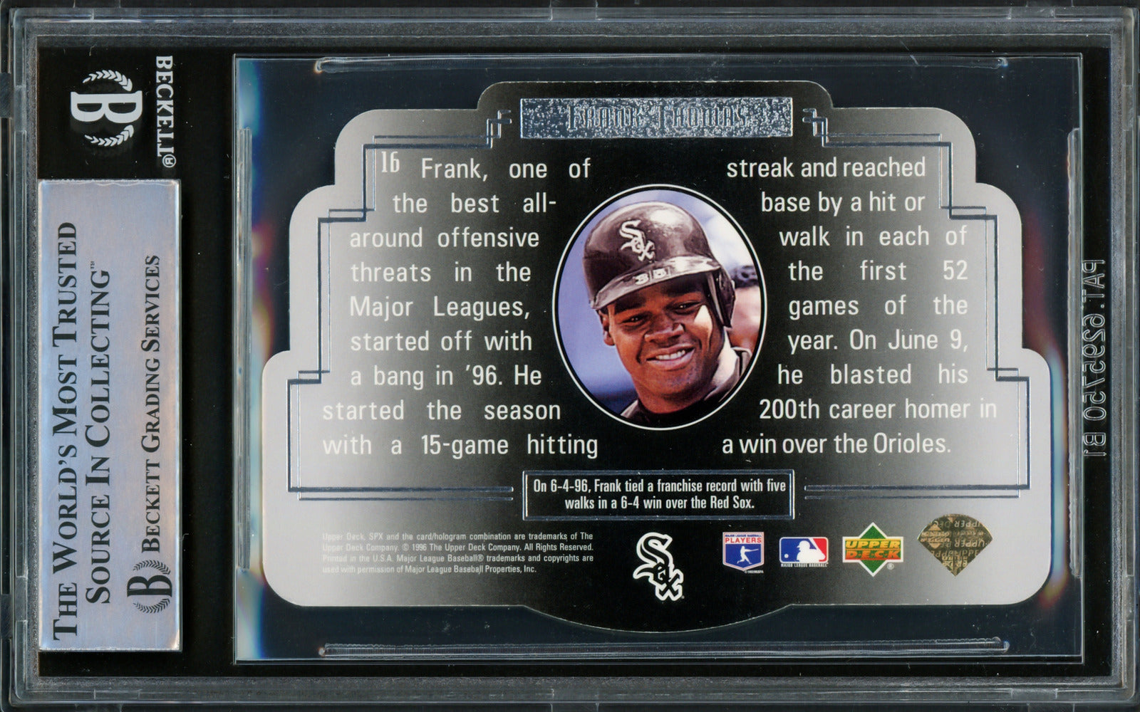 Frank Thomas Autographed 1996 Upper Deck SPX Card #16 Chicago White Sox  Beckett BAS #15867001 - Mill Creek Sports