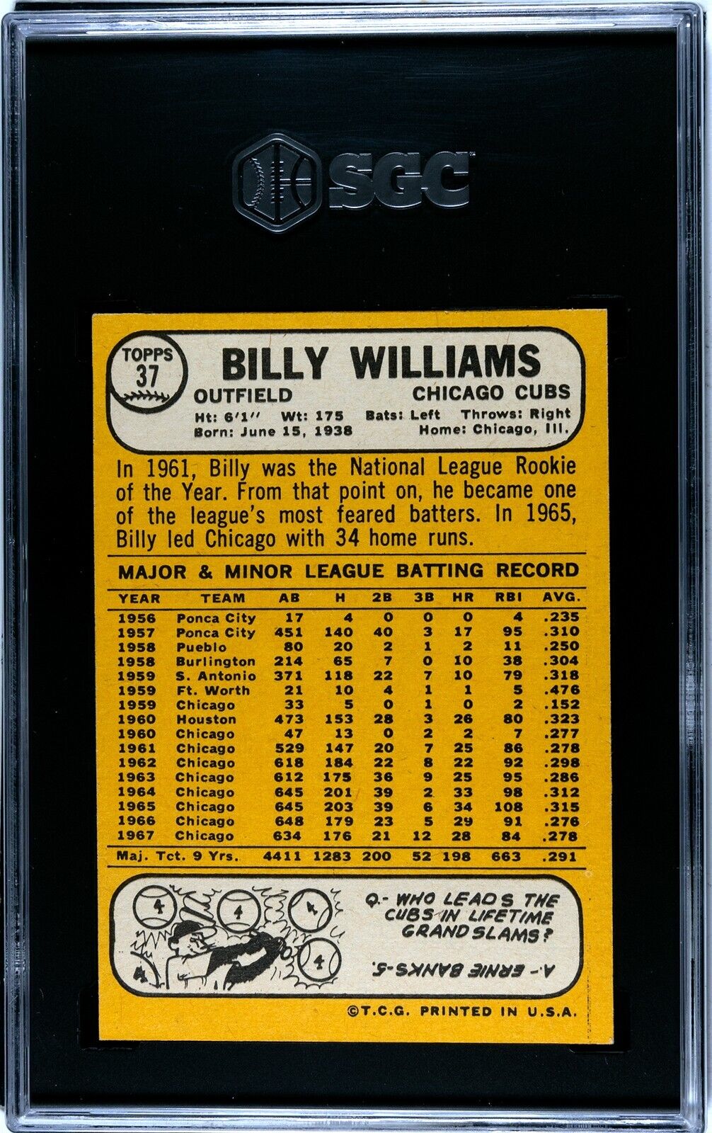 Billy Williams 1968 Topps Baseball Card #37- SGC Graded 6.5 EX-NM+ (Chicago  Cubs)