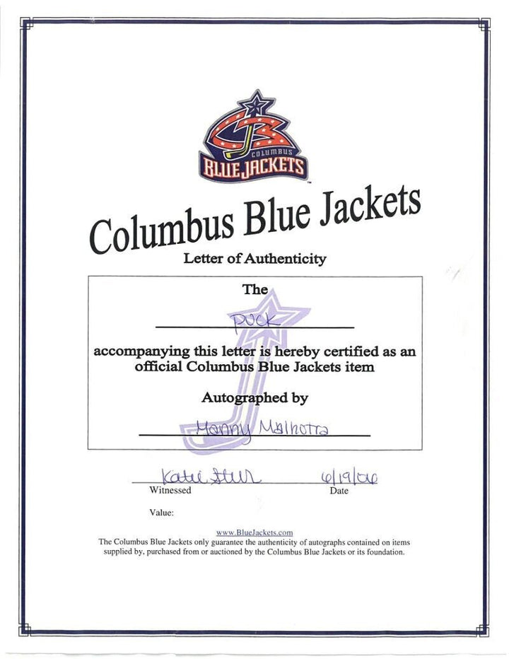 Manny Malhotra signed Columbus Blue Jackets Logo Hockey Puck- COA Image 2