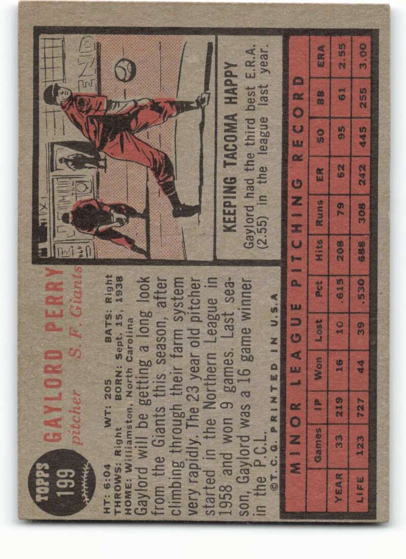 1962 Topps Gaylord Perry Grade 5 EX Rookie Card RC #199 SF Giants