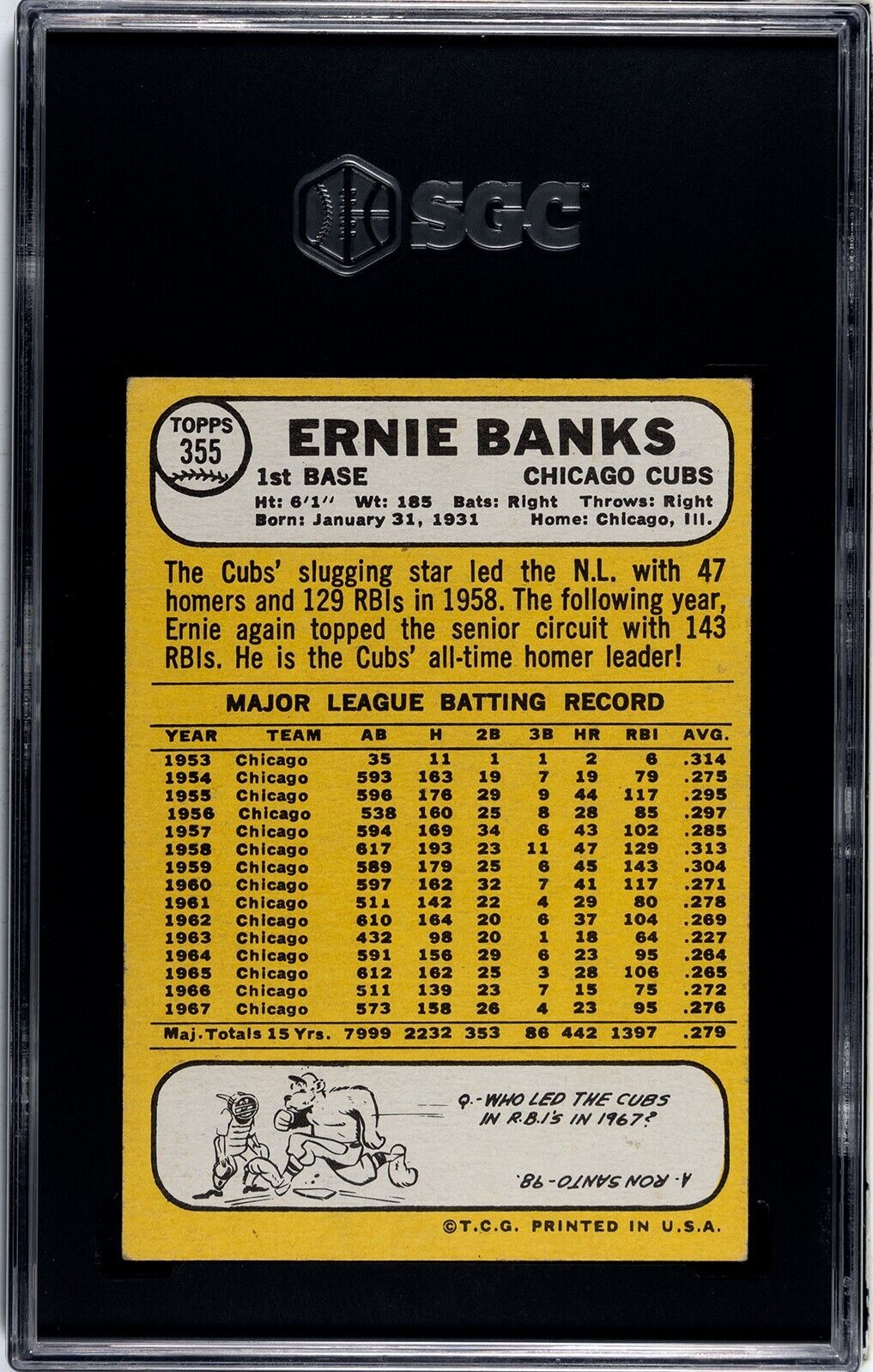 Ernie Banks 1968 Topps Baseball Card #355- SGC Graded 5 EX