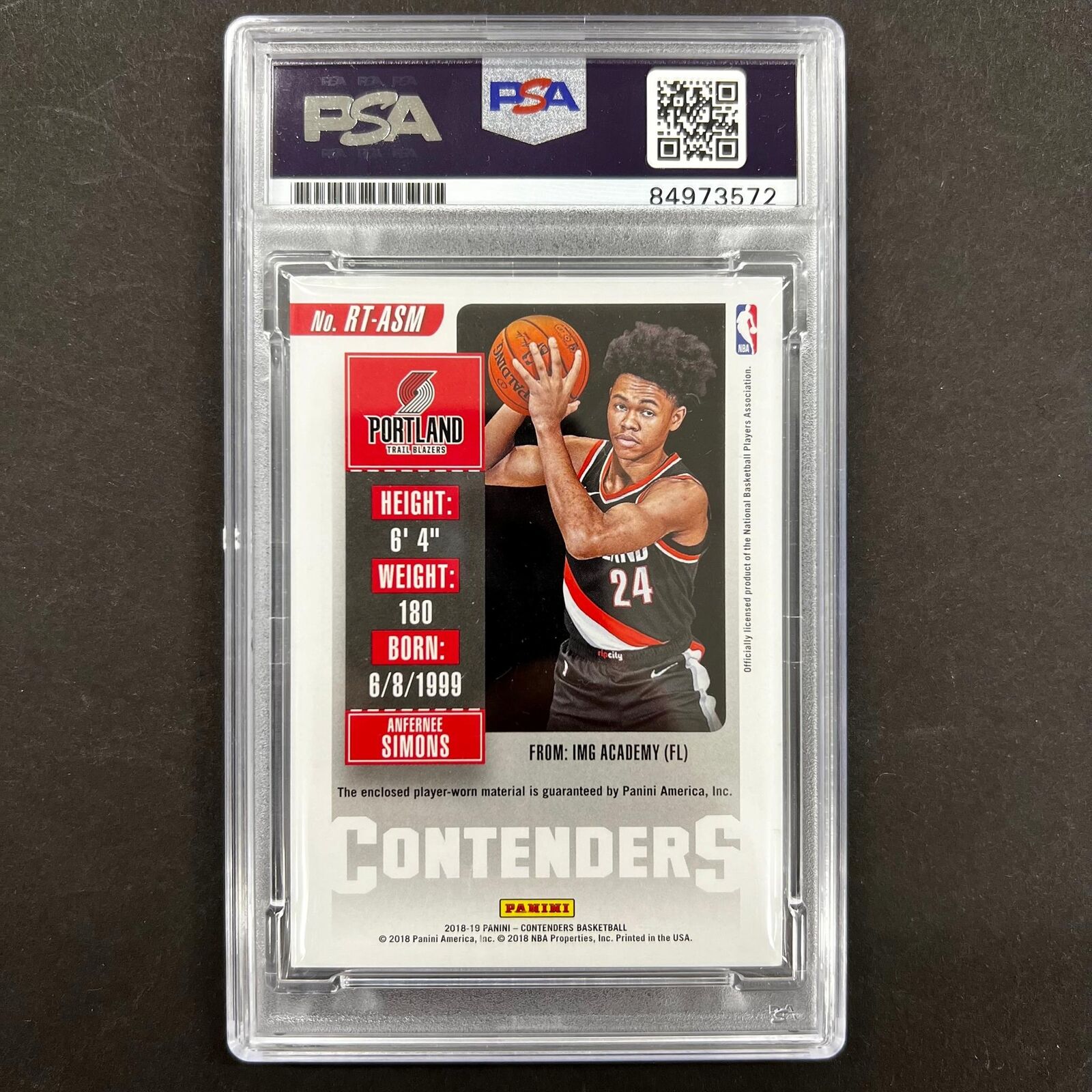 2018-19 Panini Contenders #RT-ASM ANFERNEE SIMONS Signed Rookie