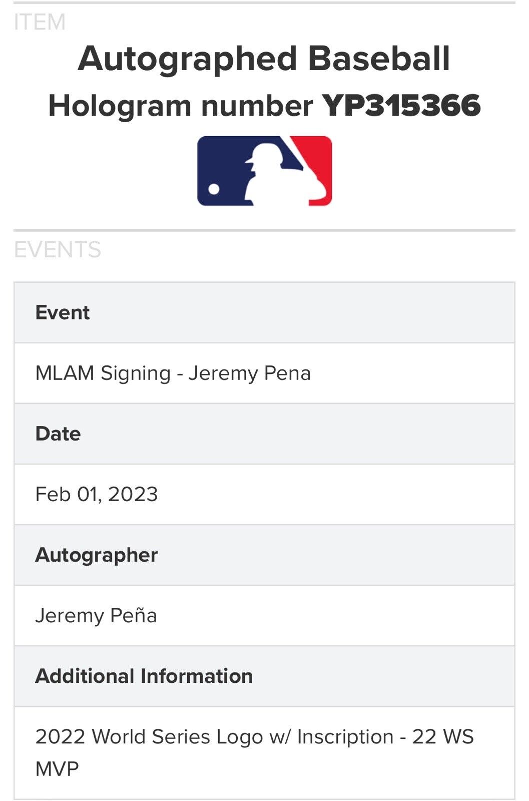 Jeremy Pena Astros Signed 2022 World Series Baseball Rookie Ws Mvp Auto MLB COA Image 8