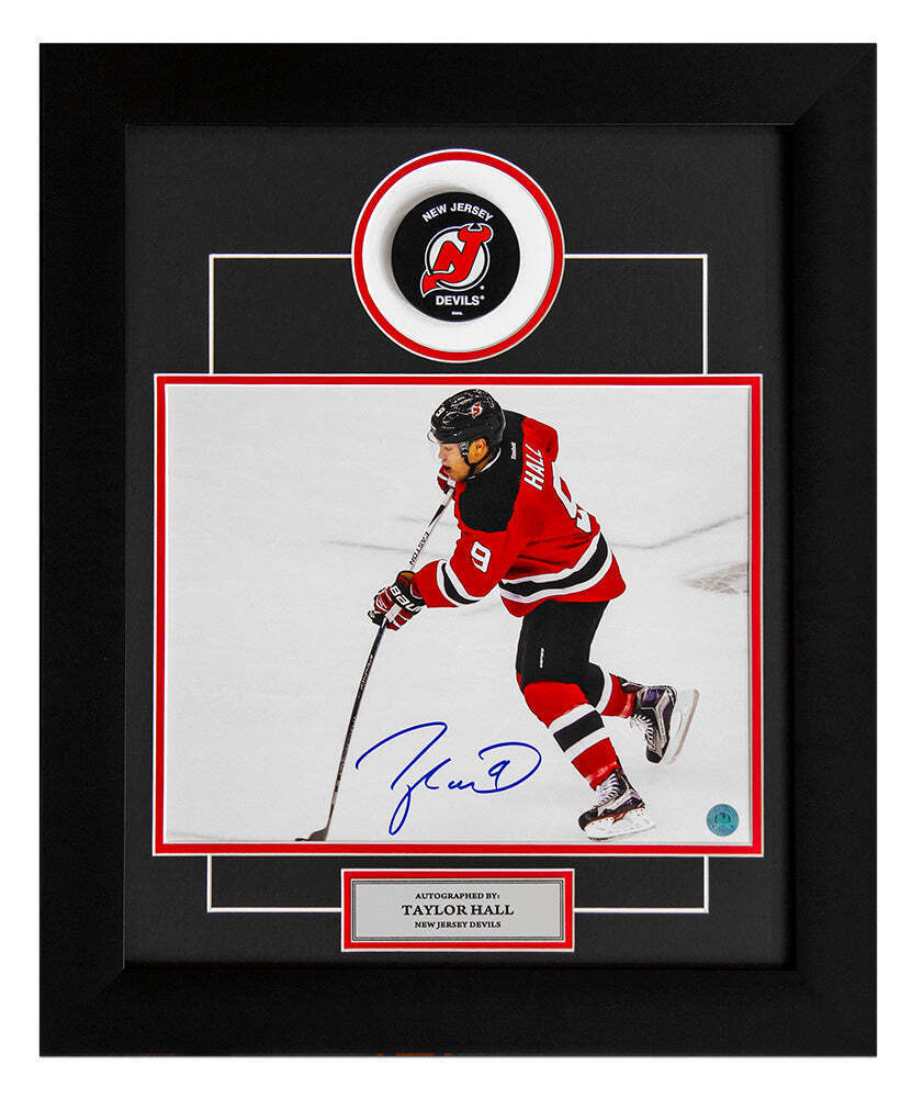 Taylor Hall New Jersey Devils Autographed Hockey Sniper 20x24 Puck Frame Image 1