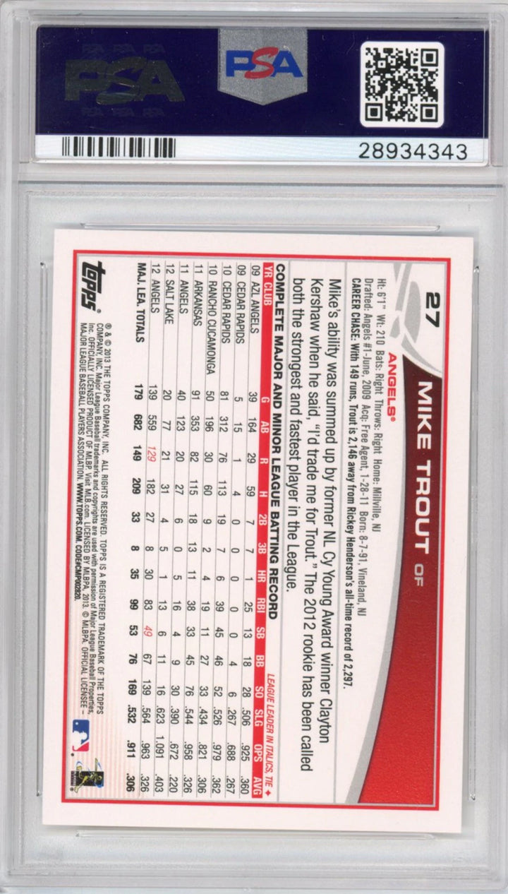 Graded 2013 Topps Mike Trout #27 Sliding Rookie Cup RC Baseball Card PSA 10 Mint Image 2