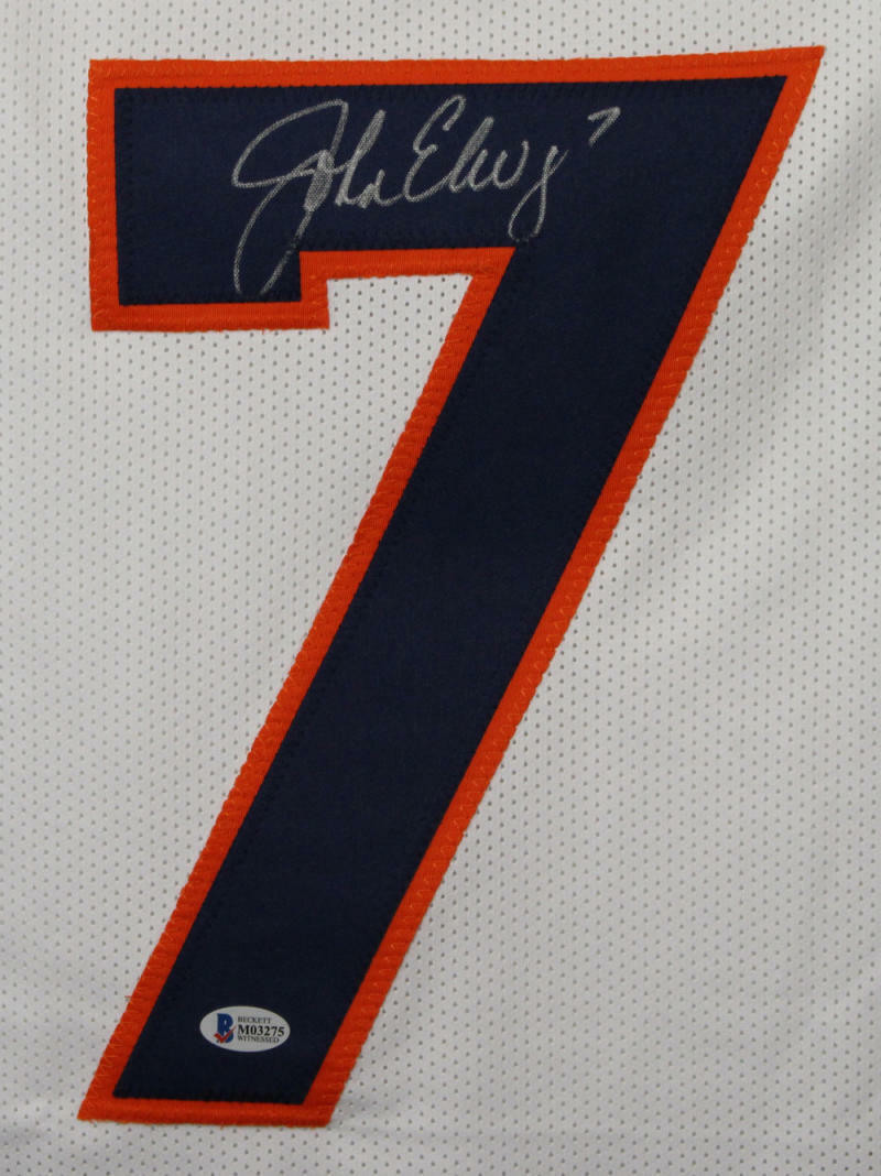 John Elway Autographed/Signed Denver Broncos  Size XL  White Jersey BAS 22888 Image 2