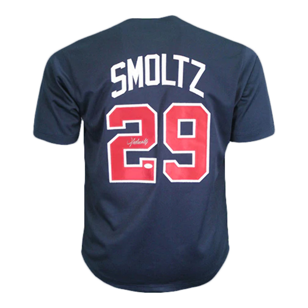 John Smoltz Autographed Pro Style Throwback Navy Baseball Jersey (JSA) Image 1