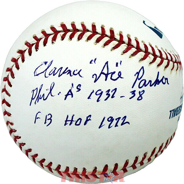Clarence Ace Parker Signed Baseball Inscribed Phil A's 1937-38 FB HOF 1972 PSA Image 1