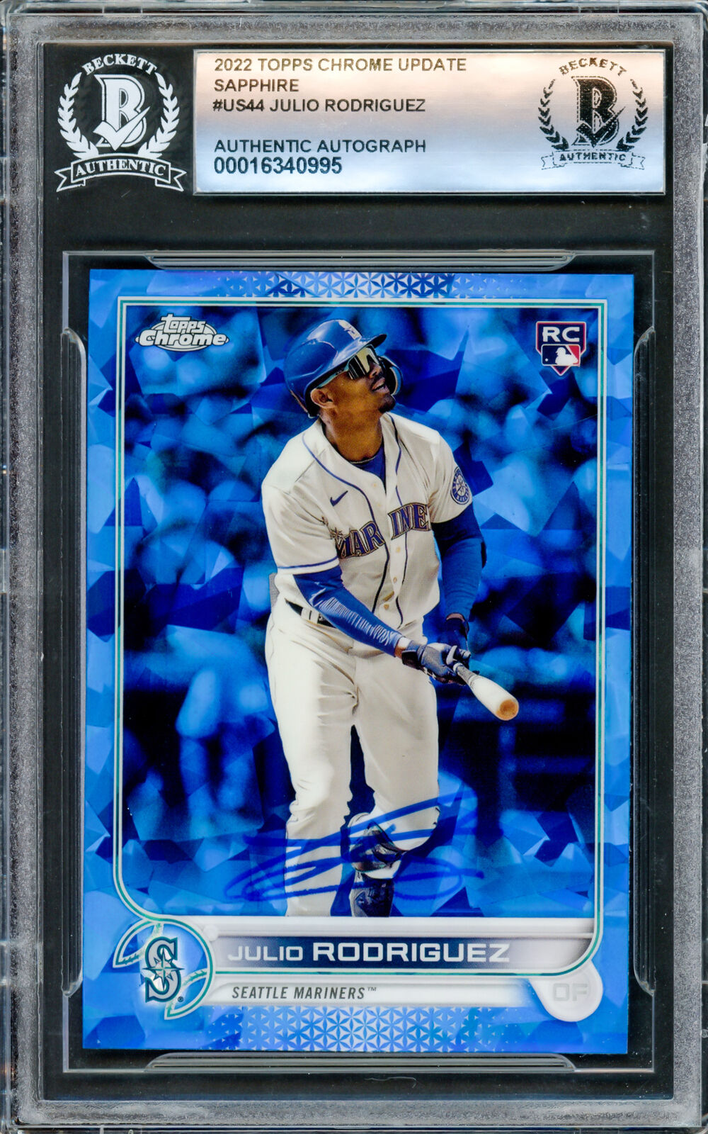 Julio Rodriguez Autographed 2022 Topps Chrome Update Sapphire RC Beckett Image 1