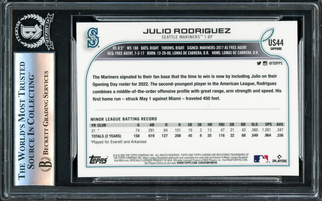 Julio Rodriguez Autographed 2022 Topps Chrome Update Sapphire RC Beckett Image 2
