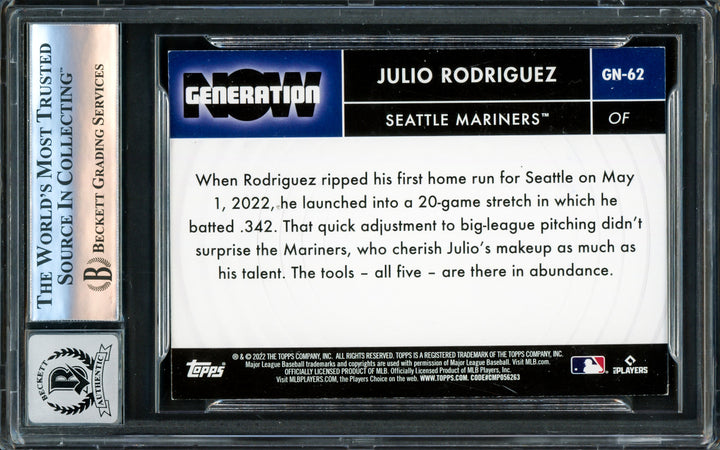 Julio Rodriguez Autographed 2022 Topps Generation Now RC Gem 10 Auto Beckett Image 2