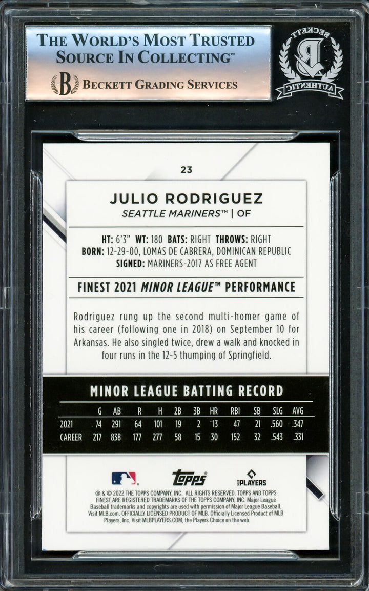 Julio Rodriguez Autographed 2022 Topps Finest RC Mariners Beckett 16340996 Image 2
