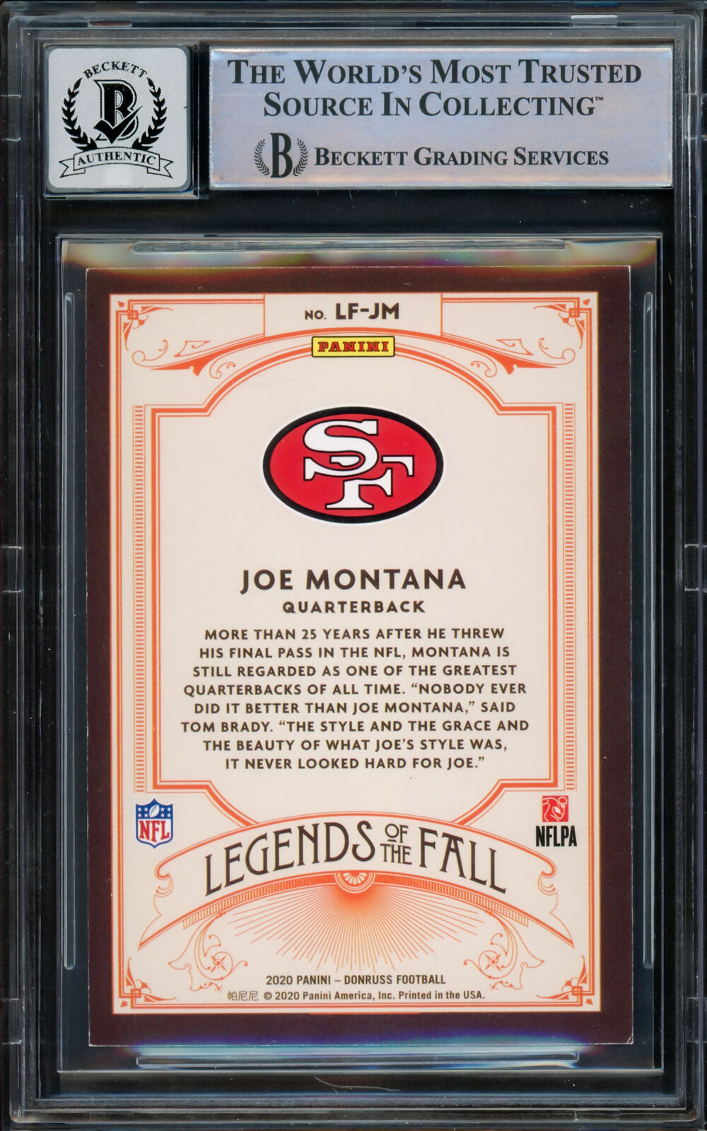 Joe Montana Autographed 2020 Donruss Card 49ers Gem 10 Auto Beckett #16171187 Image 2