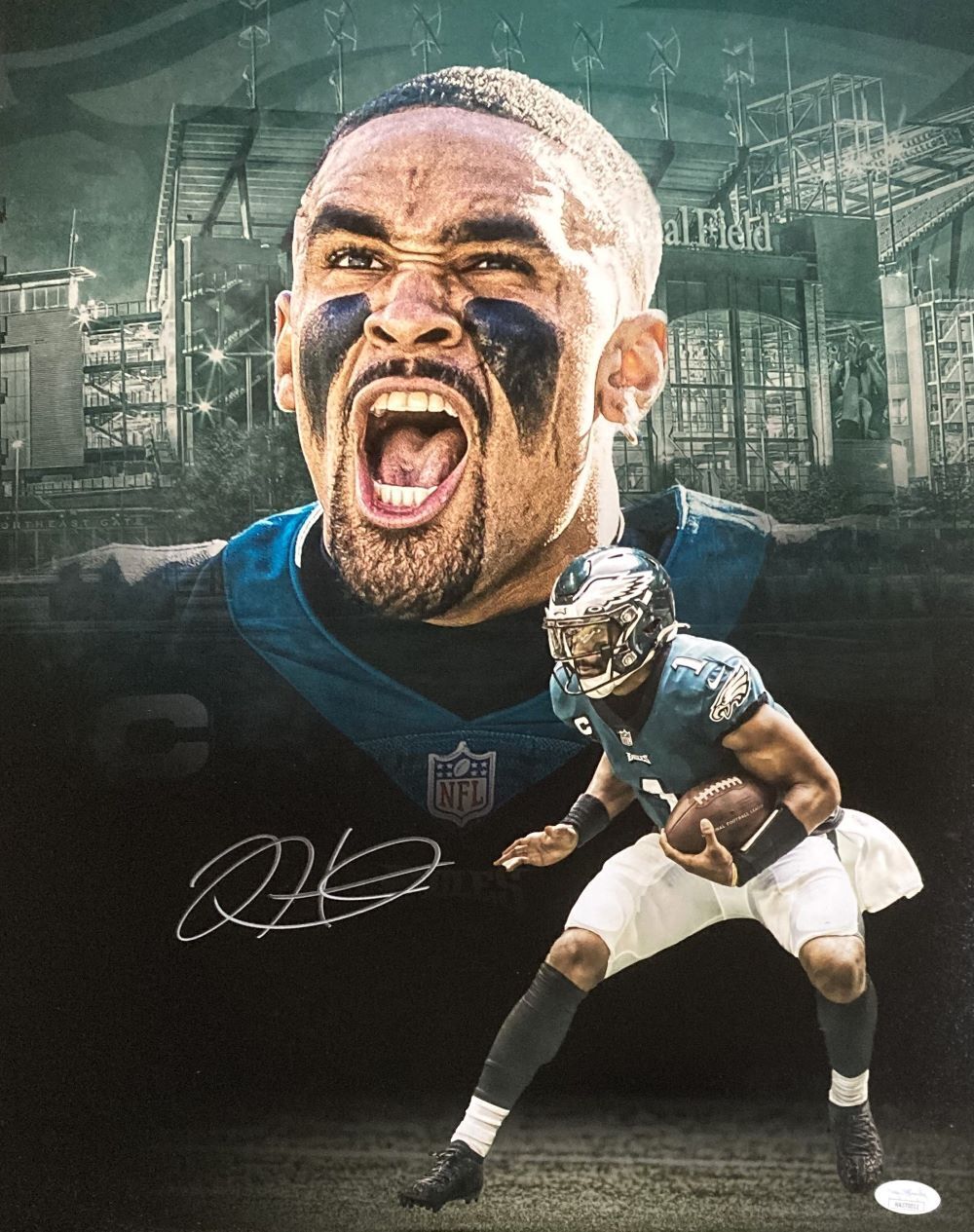 Jalen Hurts Signed 16x20 Philadelphia Eagles Running Collage Photo JSA Image 1