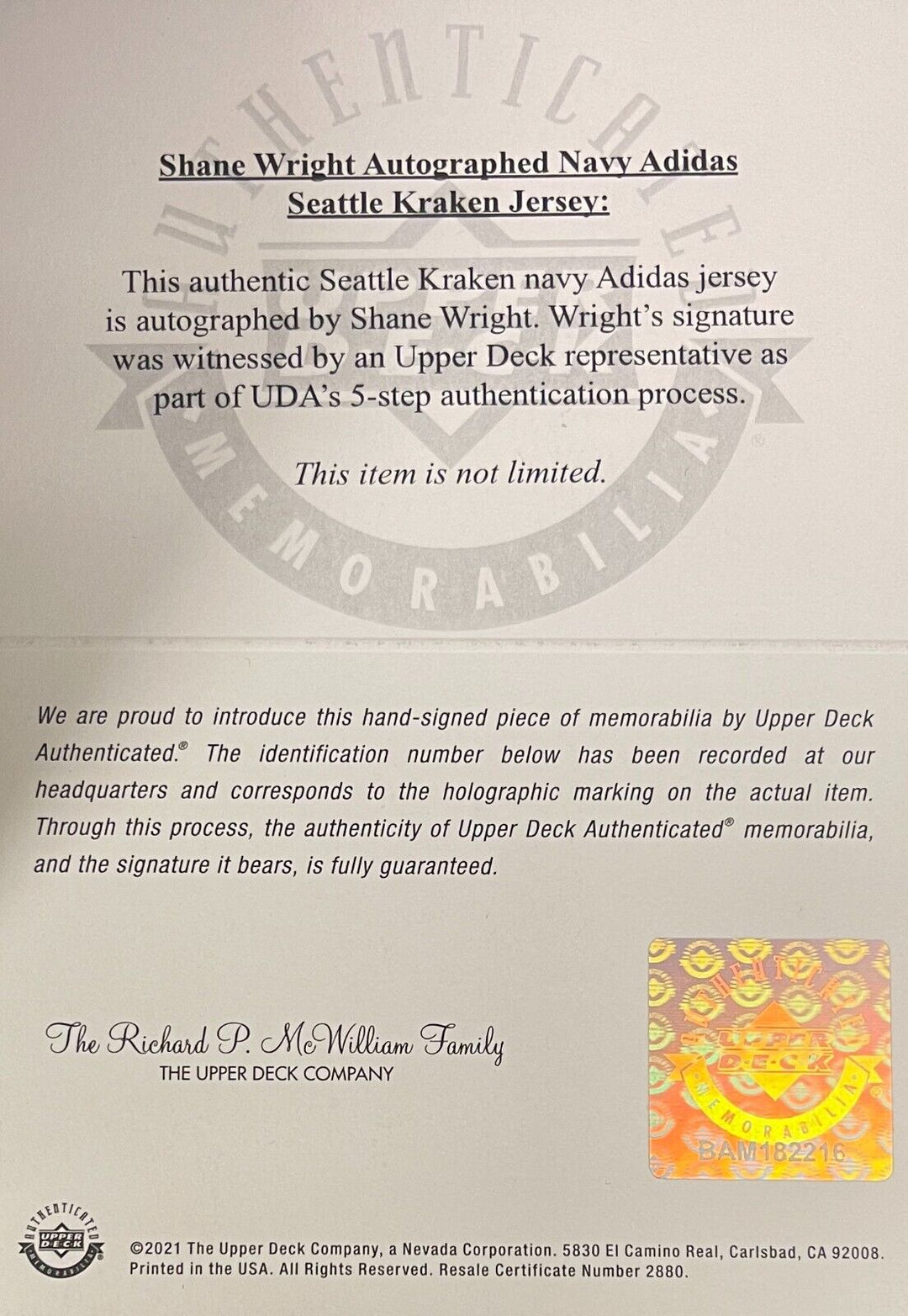 Shane Wright signed Seattle Kraken Authentic Navy Adidas- Upper/Deck/UDA Threads Image 4