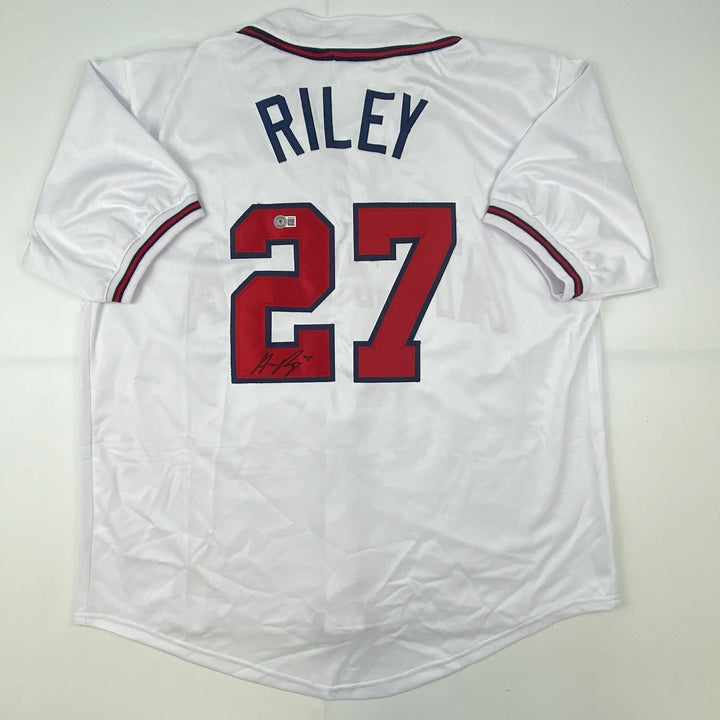 Autographed/Signed Austin Riley Atlanta White Baseball Jersey Beckett BAS COA Image 1