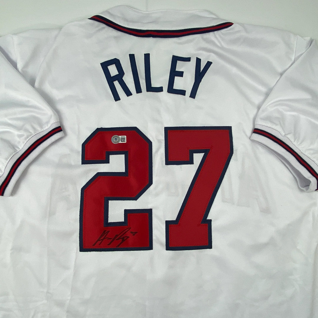 Autographed/Signed Austin Riley Atlanta White Baseball Jersey Beckett BAS COA Image 2