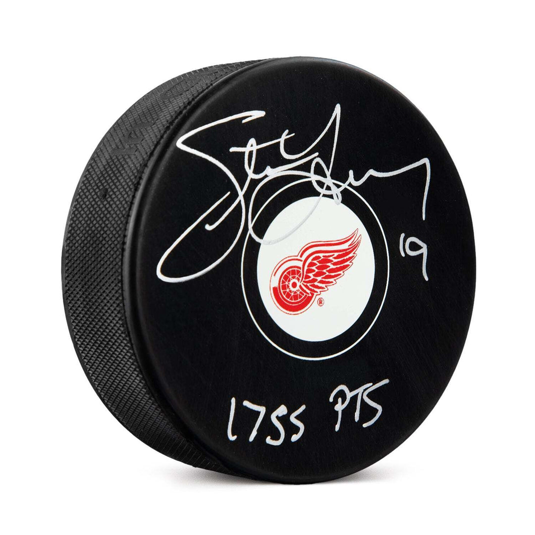 Steve Yzerman Signed Detroit Red Wings Hockey Puck with Points Note Image 1