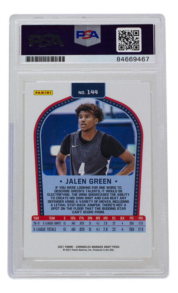 Jalen Green Signed Rockets 2021 Panini Draft Marquee Rookie Card #144 PSA/DNA 10 Image 2