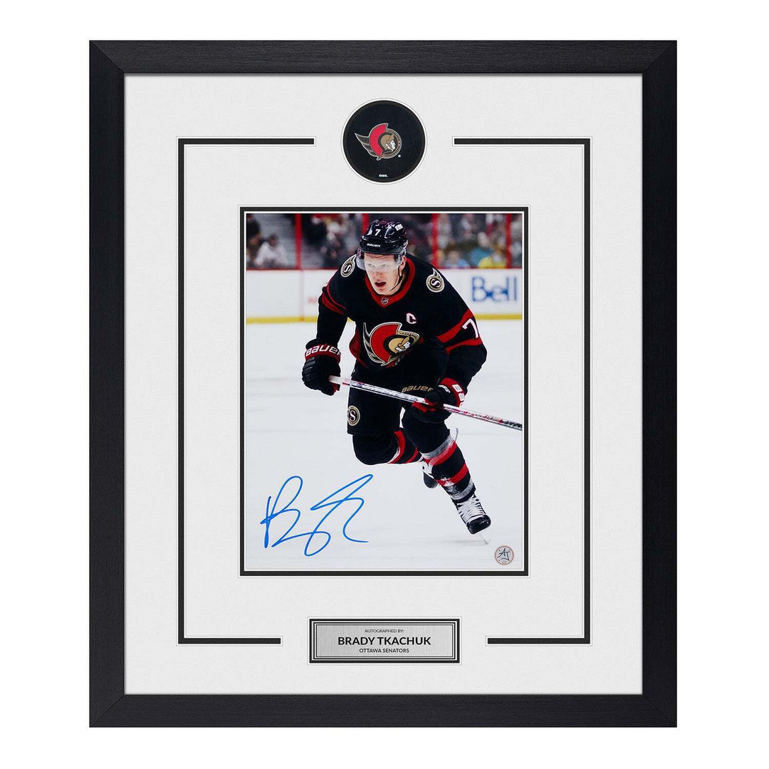 Brady Tkachuk Autographed Ottawa Senators Puck Logo 23x27 Frame Image 1