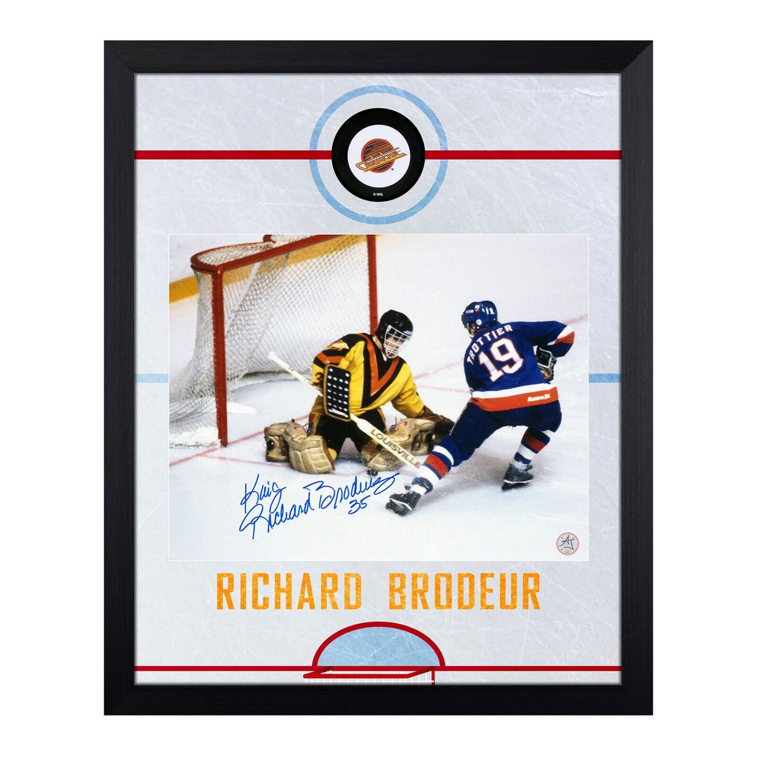 Richard Brodeur Signed Vancouver Canucks Graphic Rink 19x23 Frame Image 1