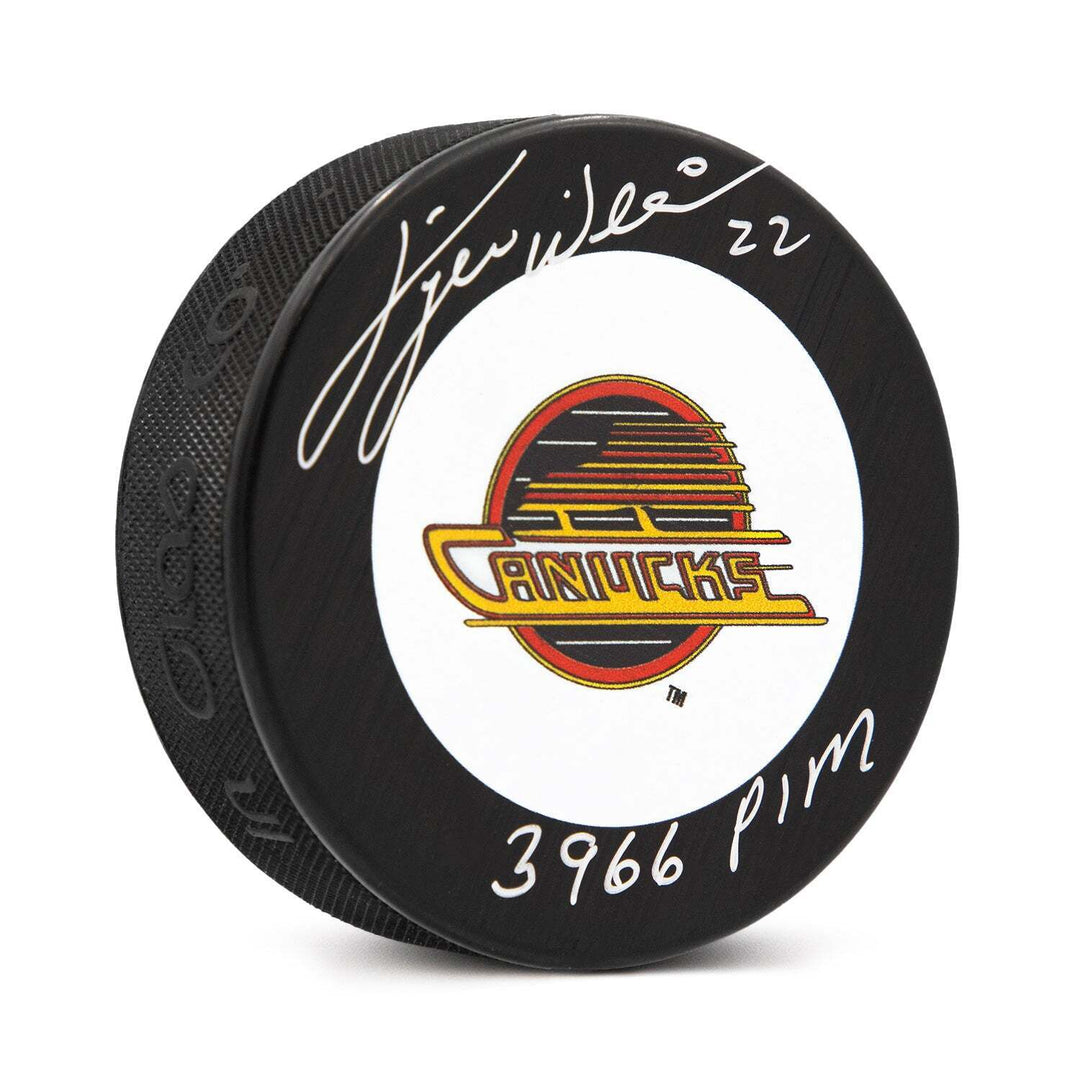 Tiger Williams Signed Vancouver Canucks Puck with 3966 PIM Note Image 1