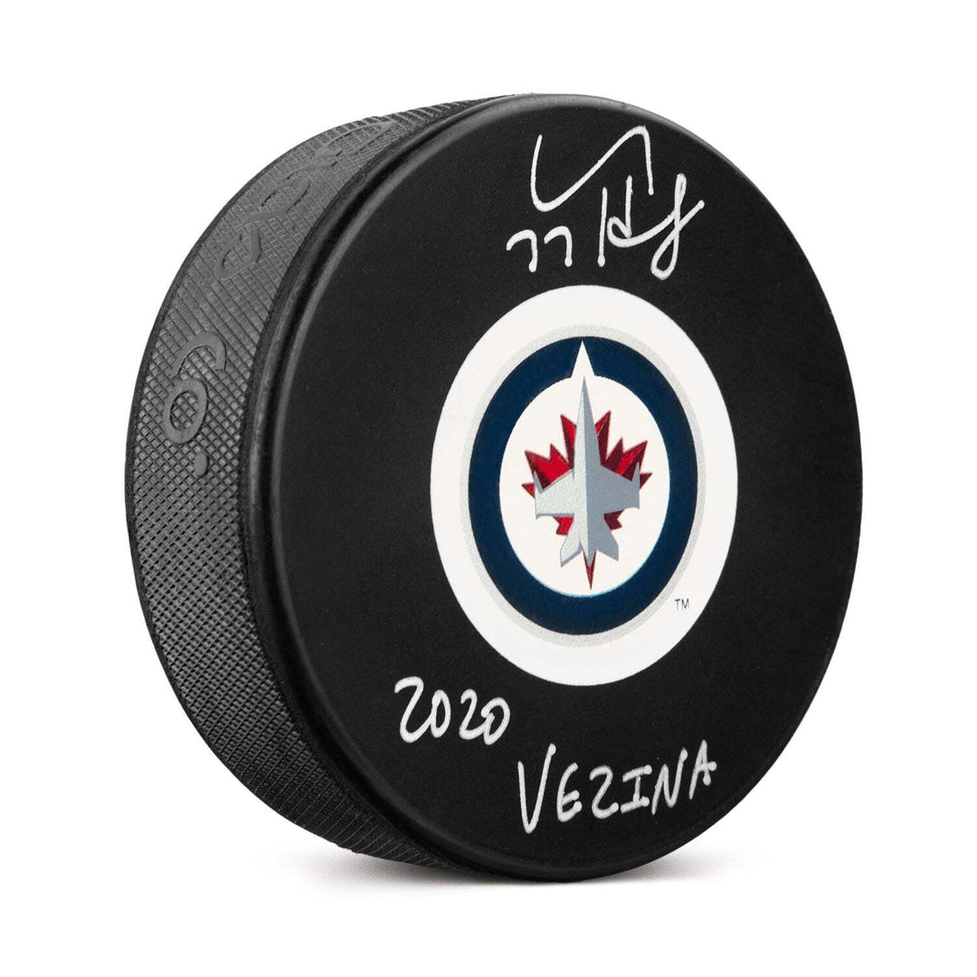 Connor Hellebuyck Signed Winnipeg Jets Hockey Puck with 2020 Vezina Note Image 1