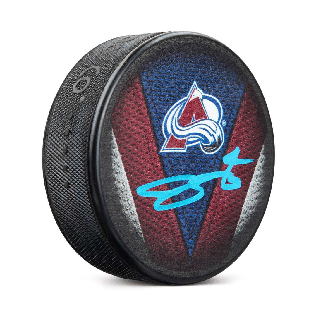 Bowen Byram Signed Colorado Avalanche Stitch Design Hockey Puck Image 1