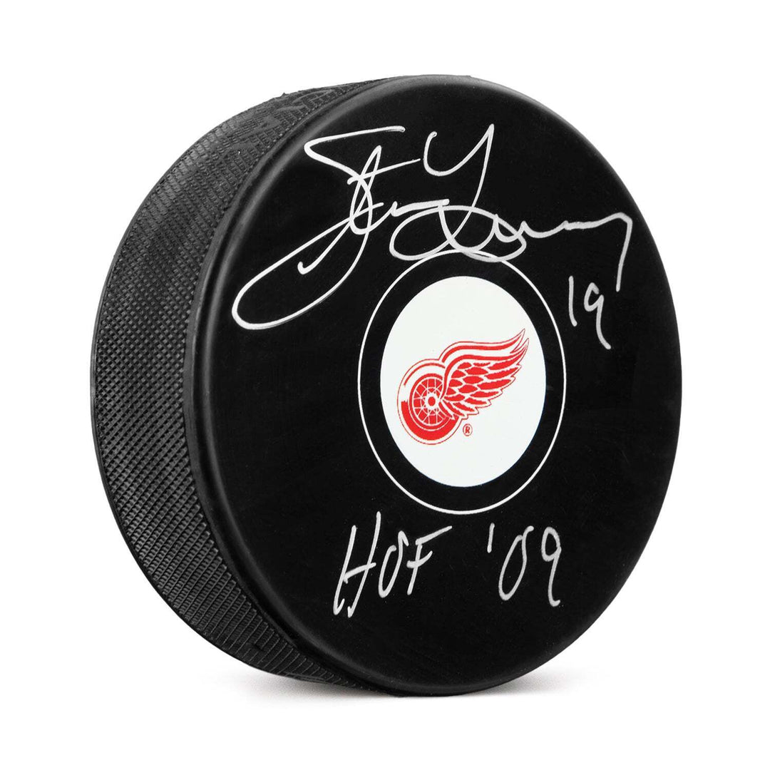 Steve Yzerman Autographed Detroit Red Wings Puck with HOF Note Image 1