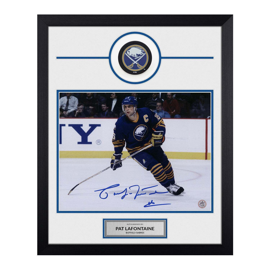 Pat LaFontaine Signed Buffalo Sabres Puck Logo 19x23 Frame Image 1