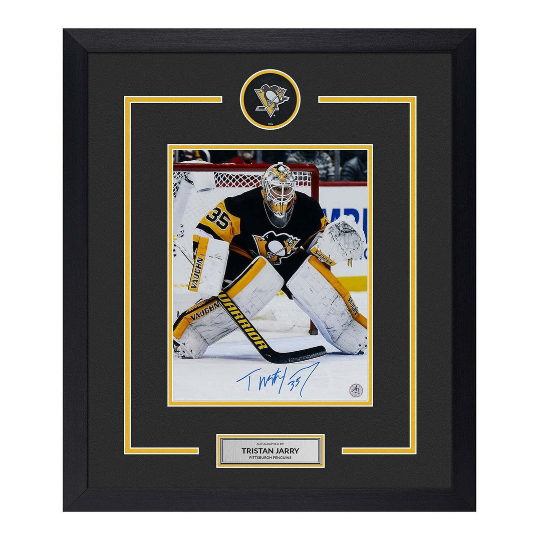 Tristan Jarry Autographed Pittsburgh Penguins Puck Display 23x27 Frame Image 1