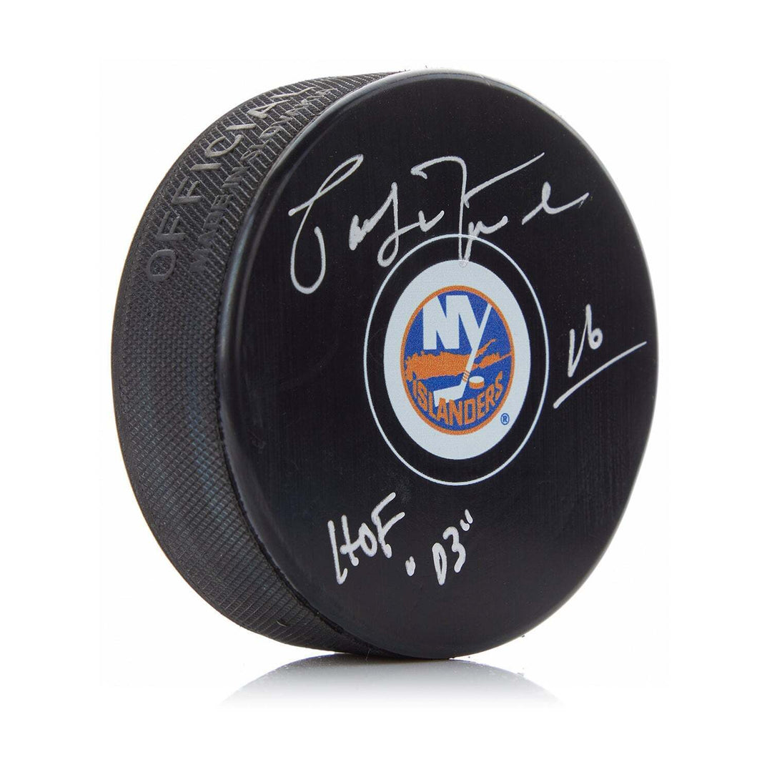 Pat LaFontaine Signed New York Islanders Hockey Puck with HOF Note Image 1