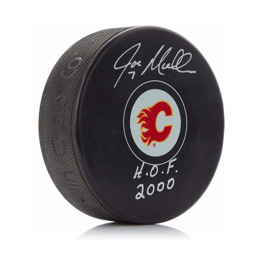 Joe Mullen Signed Calgary Flames Hockey Puck with HOF Note Image 1