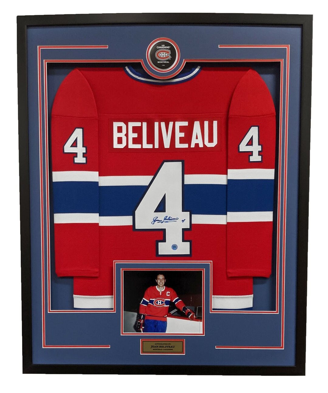 Jean Beliveau Signed Montreal Canadiens 36x44 Jersey Frame Image 1