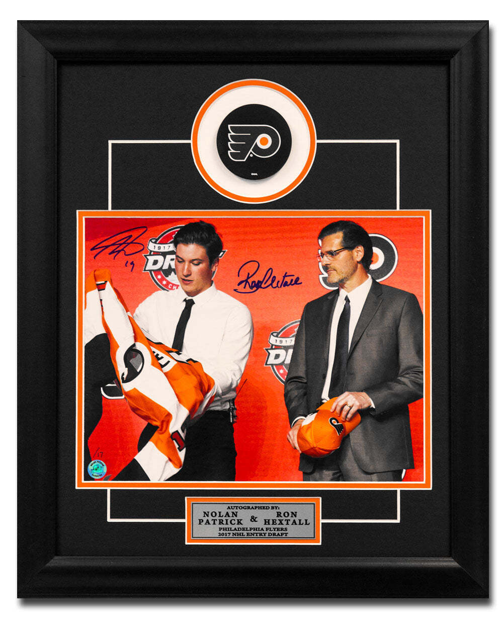 Nolan Patrick & Ron Hextall Dual Signed Flyers Draft Day 20x24 Puck Frame /17 Image 1