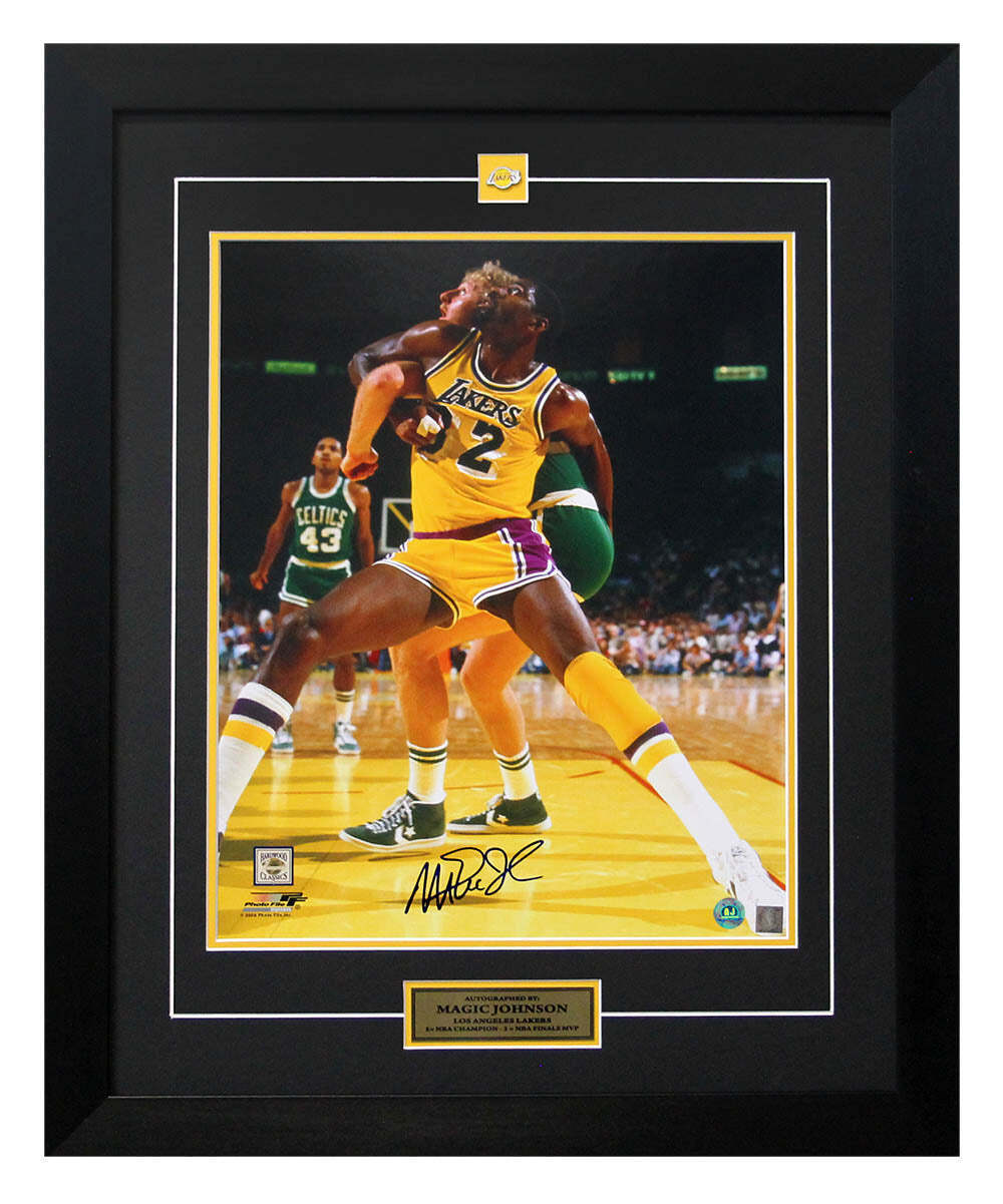 Magic Johnson Los Angeles Lakers Signed Battle vs Larry Bird 26x32 Frame Image 1