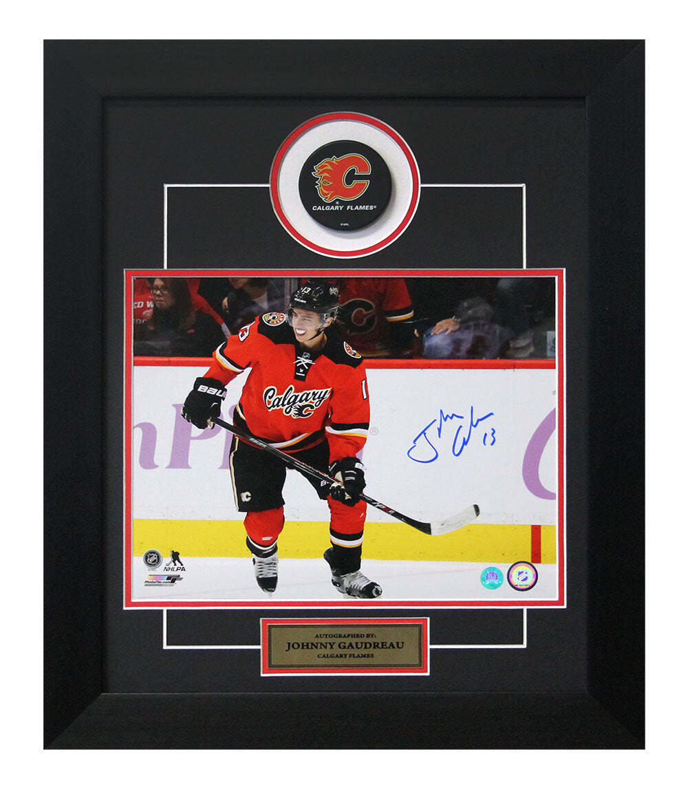 Johnny Gaudreau Calgary Flames Autographed 20x24 Puck Frame Image 1