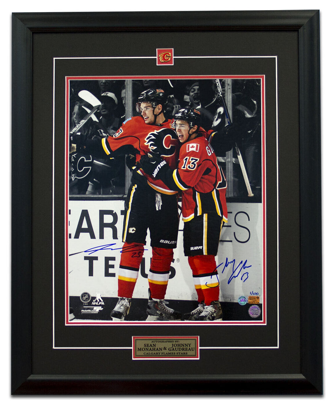 Monahan & Gaudreau Calgary Flames Dual Signed Goal 26x32 Frame #/100 Image 1