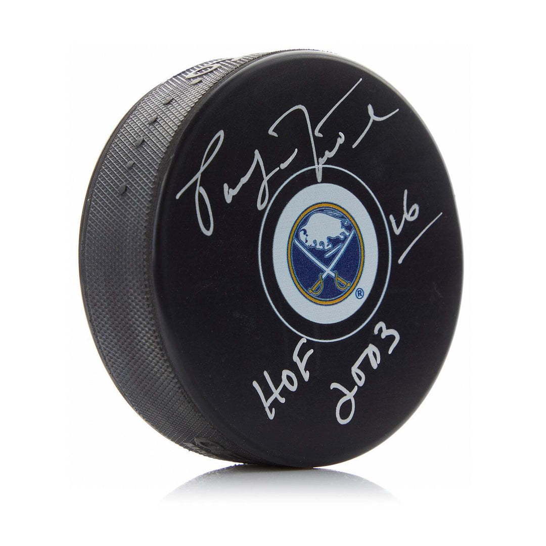 Pat LaFontaine Signed Buffalo Sabres Puck with HOF Note Image 1