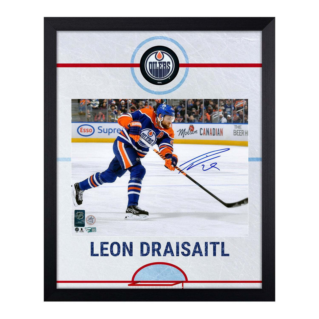 Leon Draisaitl Signed Edmonton Oilers Graphic Rink 19x23 Frame Image 1