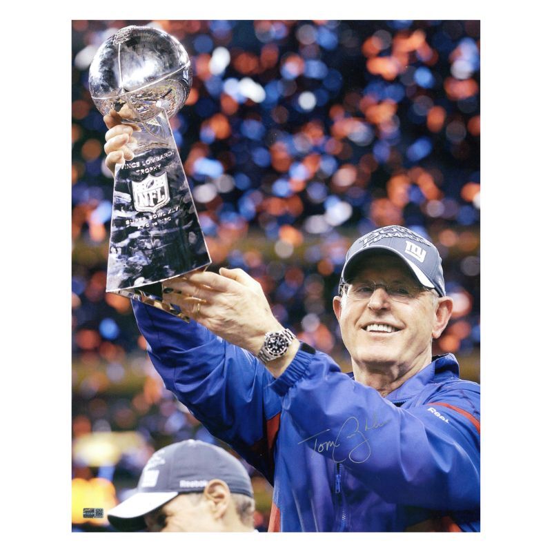 Tom Coughlin New York Giants Autographed SB XLVI Trophy 16x20 Photograph (CX Auth)