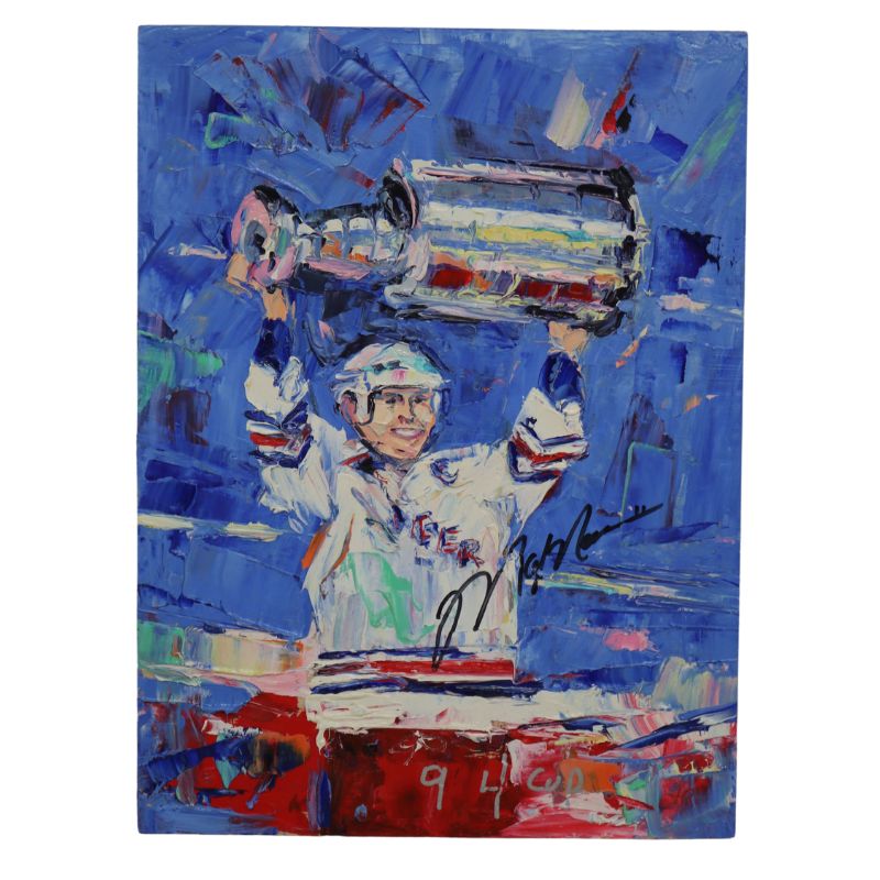 Mark Messier New York Rangers Autographed Cup over Head Original Stephanie Reiter Artwork on 9x12 Wood