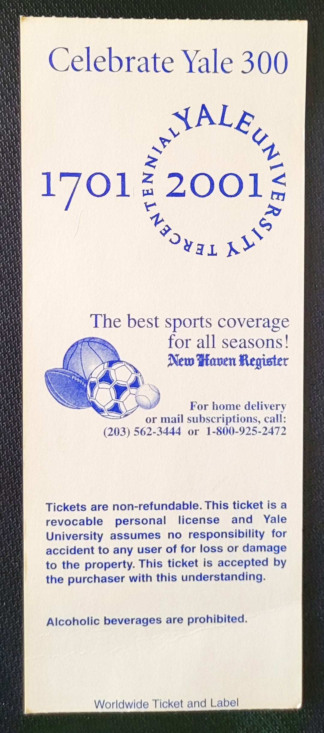 2001 Celebrate Yale 300 Yale vs Dartmouth Football Reserved Seat Ticket Stub Oct 7, 2001 Yale Bowl New Haven, Ct.