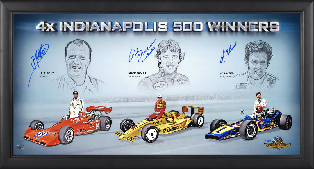 AJ Foyt, Rick Mears and Al Unser Triple Signed 4-Time Indy 500 Winners Framed Collage LE 100