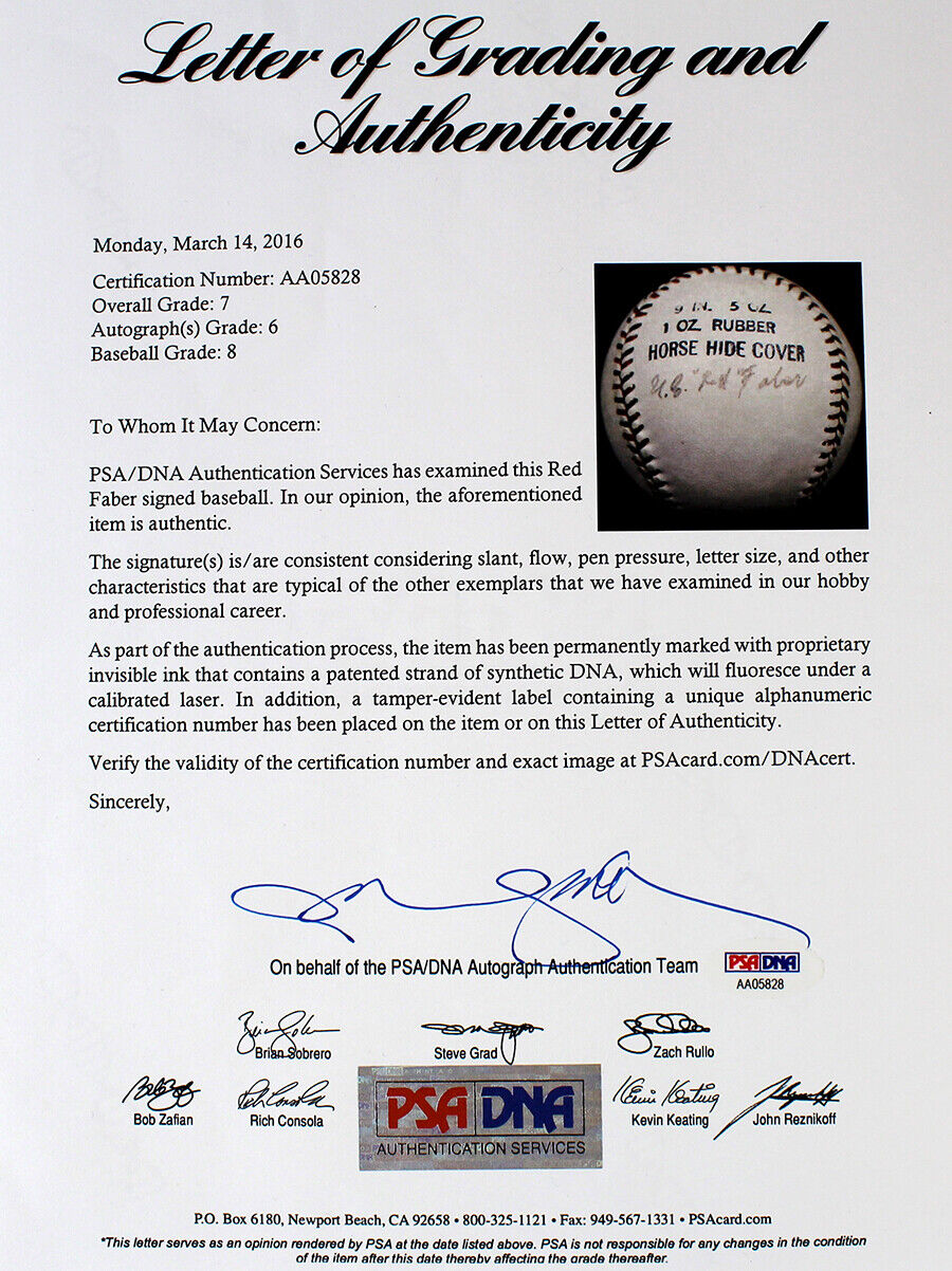 Red Faber Autographed Vintage Baseball PSA/DNA Grade 7 - Rare Single Signed Ball Image 5