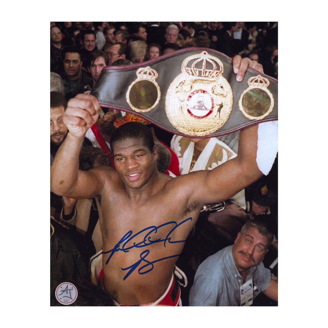 Riddick Bowe Autographed Boxing Heaveyweight Champion with Belt 8x10 Photo Image 1