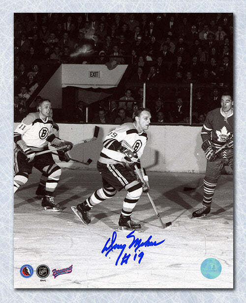 Doug Mohns Boston Bruins Autographed Black & White Action 8x10 Photo Image 1